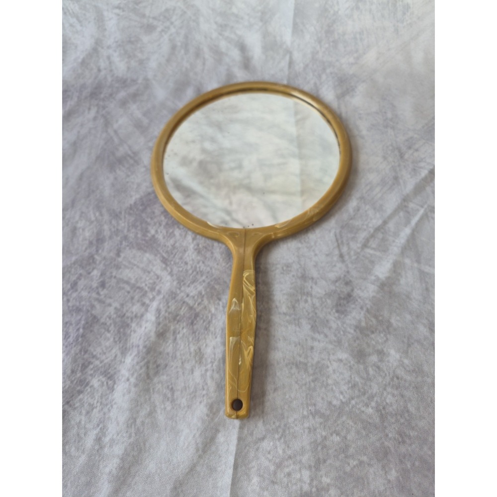 Vintage Large Hand Held Vanity Mirror with Floral Design 1950s Gold Tan - Picture 9 of 13
